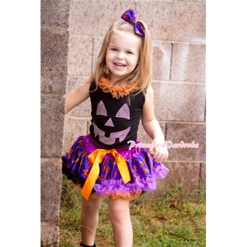 Halloween Black Baby Pettitop with Orange Chiffon Lacing & Sparkle Crystal Glitter Pumpkin Print with Orange Purple Black Pumpkin Newborn Pettiskirt NG1244 